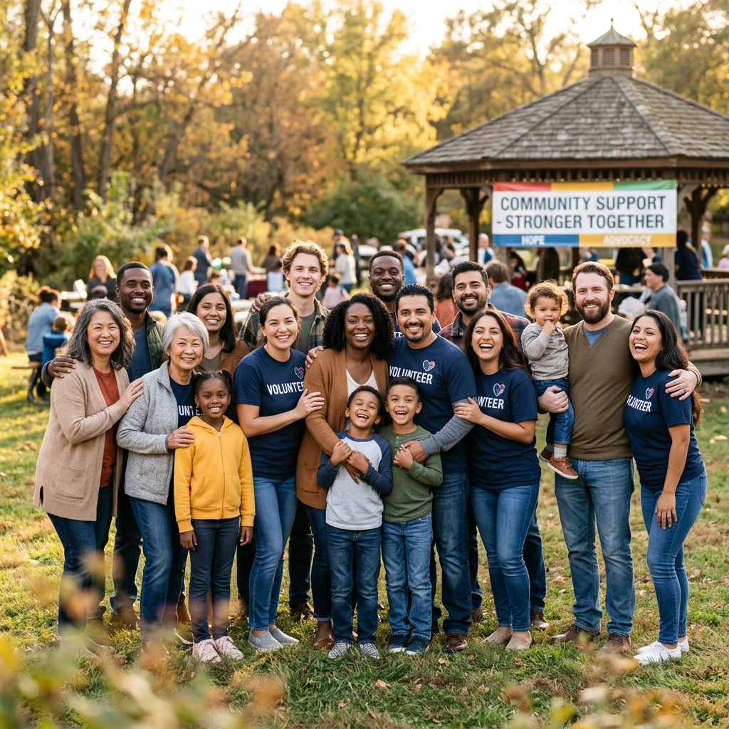 A group of smiling volunteers and families